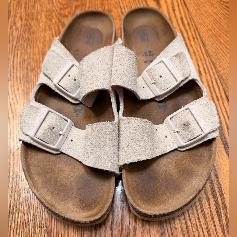 Birkenstock Arizona Soft Footbed Suede Sandal in Antique White Suede